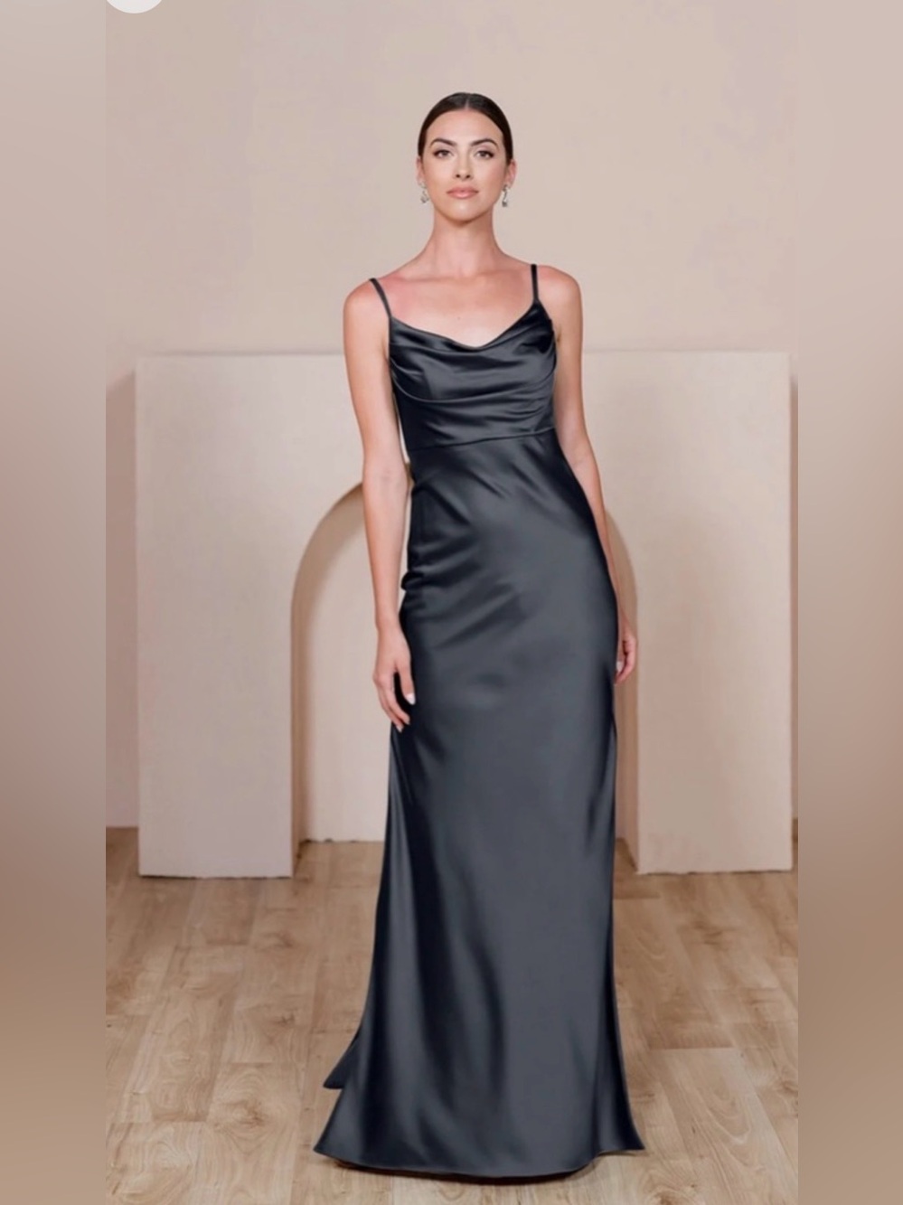Revelry Sky Black Satin Cowl Neck Slip Gown With Draped Open Back Size 14